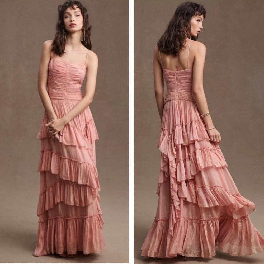 BHLDN Anthropologie NEW Jessa Asymmetrical Ruffled Gown Size 4 Blush Shimmer NEW